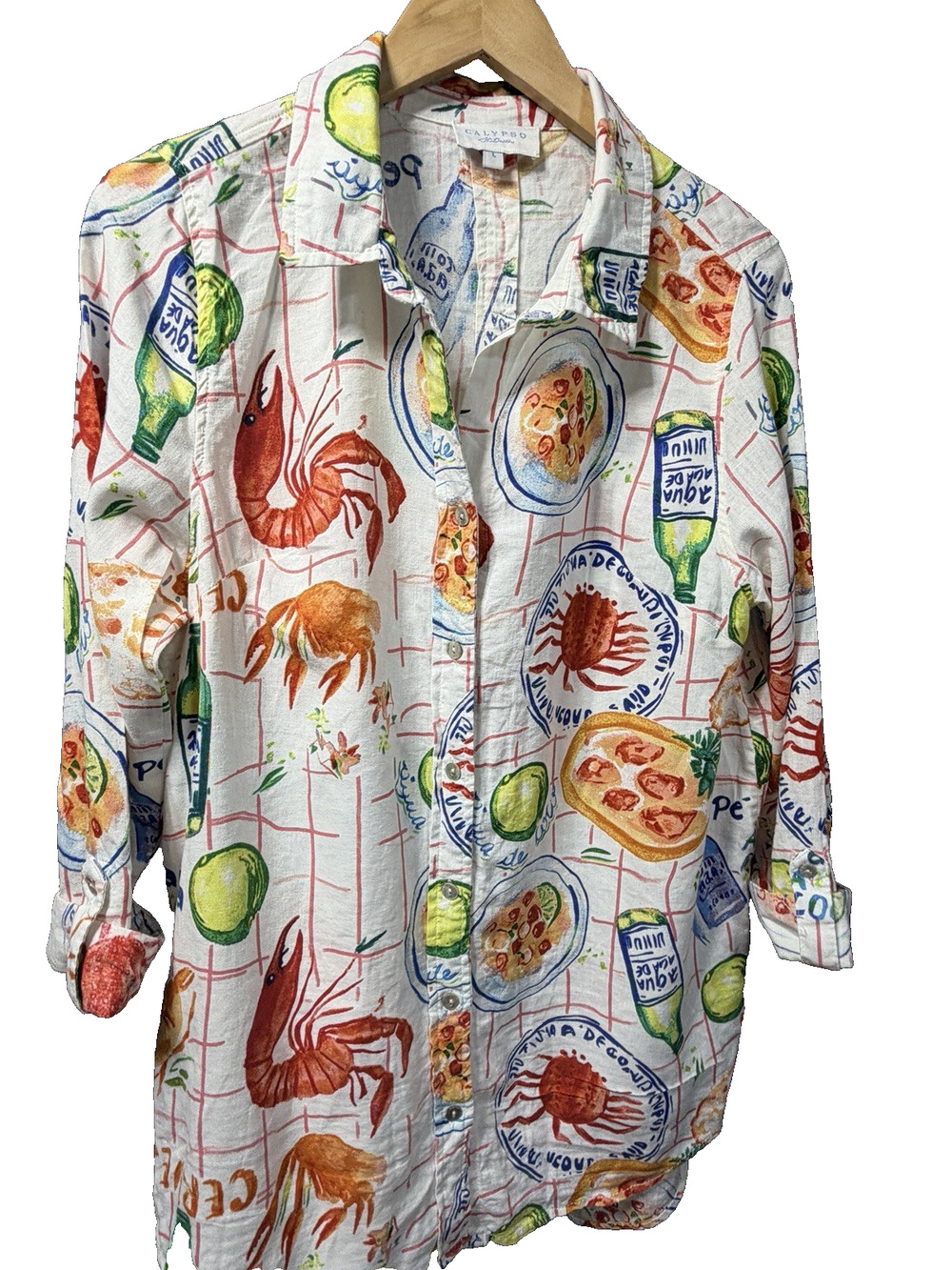 Calypso St Barth Cotton Tunic Lobster Crab Seafood Table Coastal Grandma Sz Lg